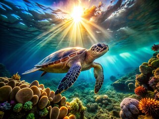 Fototapeta premium Majestic Sea Turtle Gracefully Swimming Underwater in Sunbeams