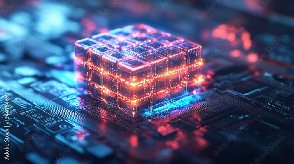 Poster a glowing translucent red and blue cube of smaller cubes resting on a complex circuit board illumina