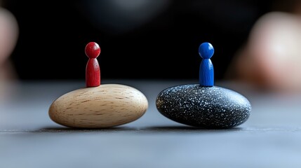 Red and blue wooden figures standing on contrasting smooth stones symbolize balance, opposition, dialogue and relationship dynamics in business or personal context.