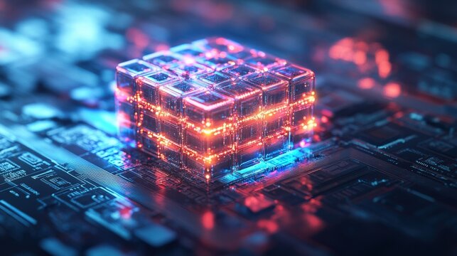 A Glowing Translucent Red and Blue Cube of Smaller Cubes Resting on a Complex Circuit Board Illuminated by Vibrant Neon Lights and Digital Elements - Powered by Adobe
