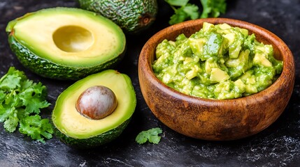 Fresh avocados and guacamole arranged on a dark textured surface