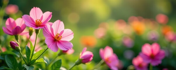 whimsical pink blooms waving goodbye to the wind, foliage, colorful, garden