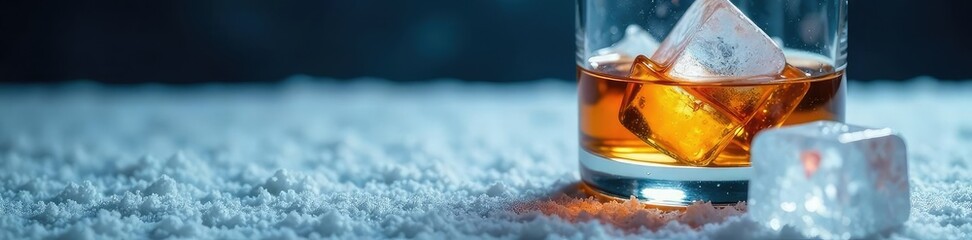 Whiskey and ice in a frosted glass on a frosty surface, whiskey, ice cube