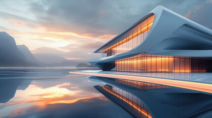 Futuristic building overlooking lake at sunset