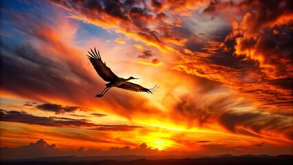 Fototapeta premium Majestic Silhouette of a Soaring Bird Against a Dramatic Sunset Sky