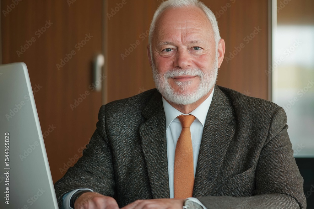 Poster a man in a suit and tie is sitting at a desk in front of a laptop. he is smiling and he is in a good