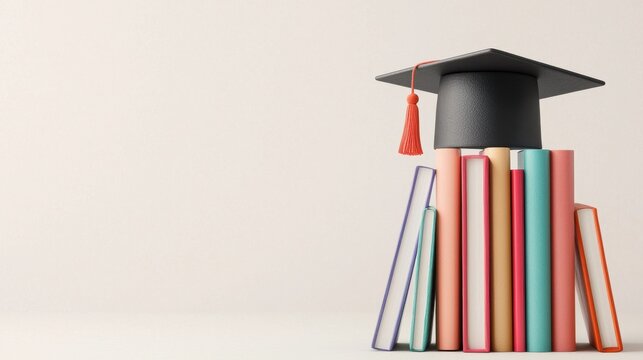 A stack of colorful books with a graduation cap symbolizes learning and academic achievements.