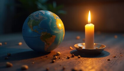Candle next to a globe in a dimly lit setting during Earth Hour.