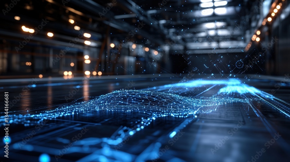 Poster abstract digital data visualization featu a luminous blue network design on a sleek reflective surfa