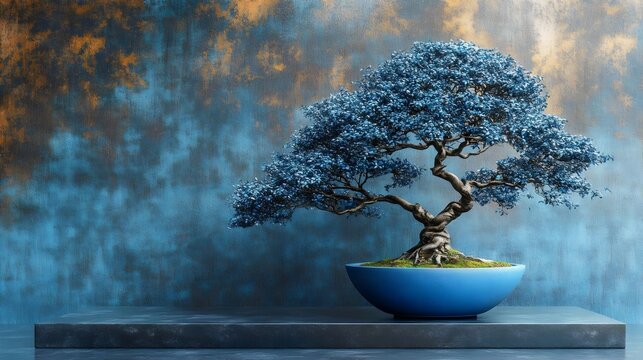 A blue bonsai tree is sitting in a blue bowl on a black pedestal