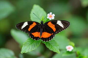 Obraz premium A colorful butterfly resting gracefully upon a vibrant green leaf