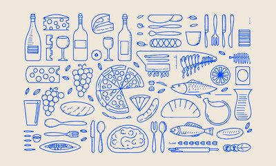 A modern vector-style line hand drawing featuring various food items, easily editable.