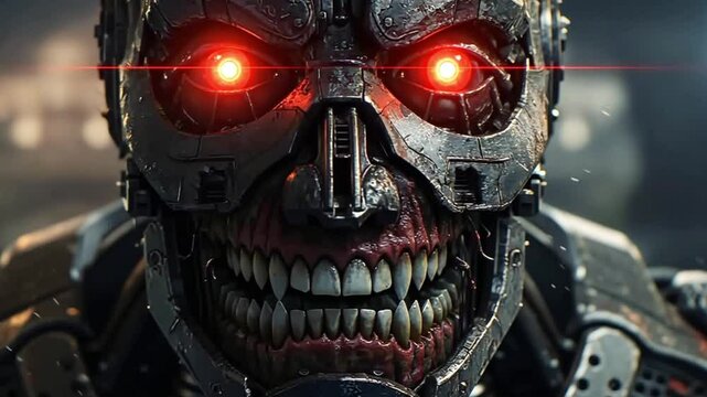 Facing Evil Robot with Glowing Eyes in Cinematic Horror Style