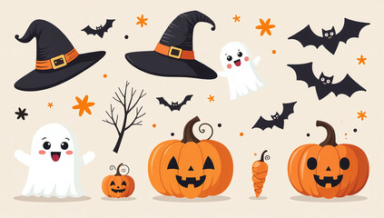 halloween elements include hats ghosts bats cute pumpkins various
