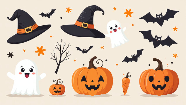 halloween elements include hats ghosts bats cute pumpkins various
