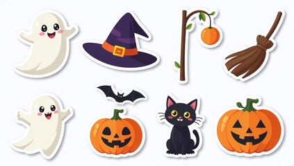 halloween sticker set includes ghost hat broom black cat pumpkin designs suitable cards posters stickers flat cartoon