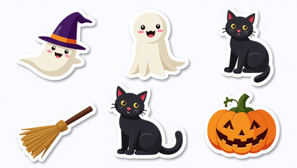halloween sticker set includes ghost hat broom black cat pumpkin designs suitable cards posters stickers flat cartoon