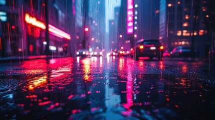 Fototapeta premium Cyberpunk Urban Landscape: Rainy City Streetscape with Neon Reflections