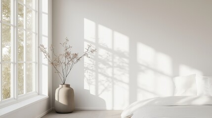 Bedroom with a large window on the left side. the window has white frames and is letting in natural light.