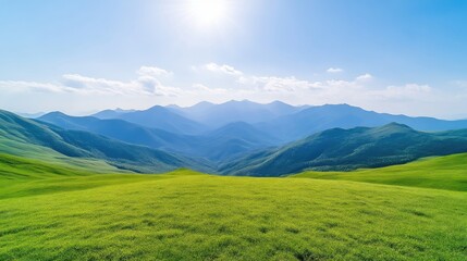 Obraz premium Lush green valley at the base of a mountain range under a bright sky. A vast expanse of vibrant grassland stretches to the foothills of distant, hazy blue mountains