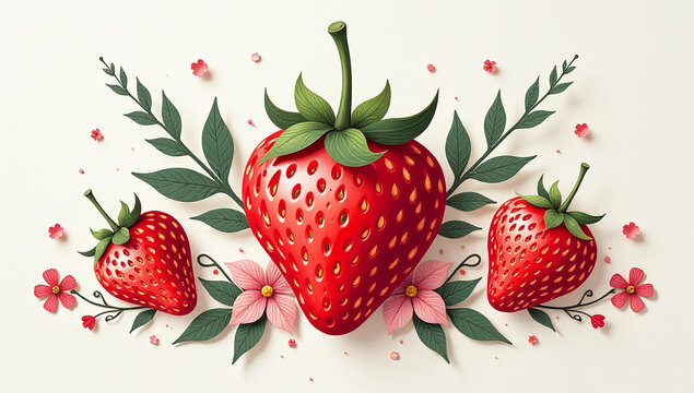 hand drawn strawberry adorns modern abstract art poster featuring trendy paper cuts floral designs perfect wall decor