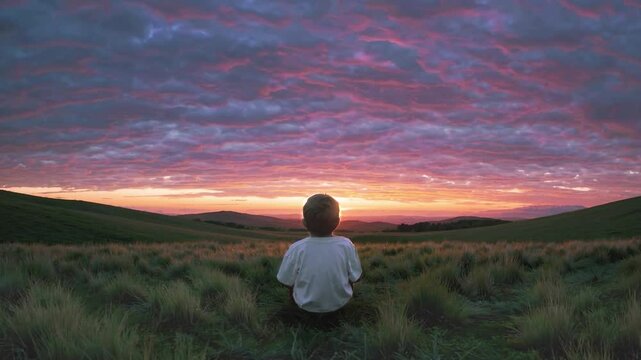 A little pensive child boy sitting on the grass looking at the sunset.