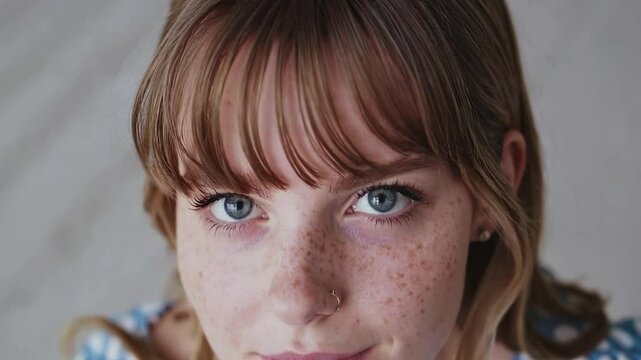Portrait of a young woman with blue eyes looking up at the camera.
