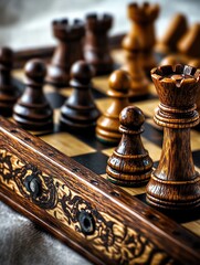 Elegant wooden chess pieces on a vintage board.