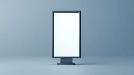 Blank advertisement board stands centered in front of blue wall