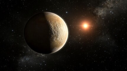 A large celestial planet and a bright illuminating star in space