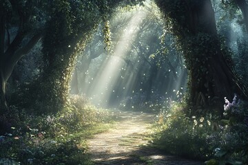 Obraz premium Enchanting Sunlit Forest Path Magical Nature Scene with Butterflies and Flowers