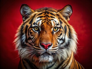 Fototapeta premium Majestic Tiger Head Close-Up on Vibrant Red Background - Powerful Wildlife Stock Photo