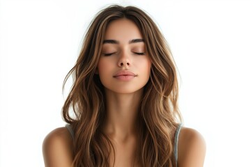 Fototapeta premium A serene young woman with long, wavy hair and closed eyes, embodying peace and tranquility against a soft, white background.