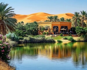 An oasis resort features a building water dunes and palm trees