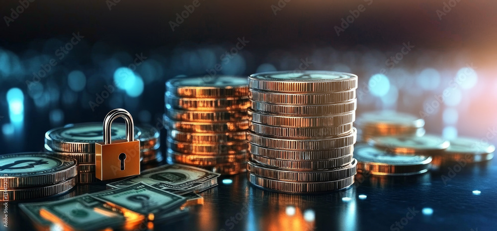 Aufkleber A collection of gold coins and banknotes is organized beside a small padlock, representing secure banking practices. The setting is illuminated softly, emphasizing privacy and financial security.