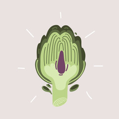 Cartoon vector illustration of a cross-sectional view of an artichoke, highlighting its intricate layers and textures in a playful style.