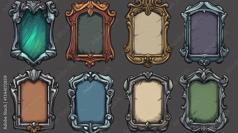 Poster square ui game frames, medieval silver borders. textured ornate gui elements with curve decorated ri