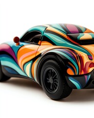 Colorful artistic vehicle model on display.
