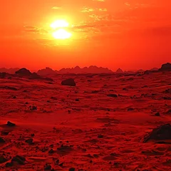 Fotobehang A vibrant red landscape illuminated by the bright setting sun © Atit
