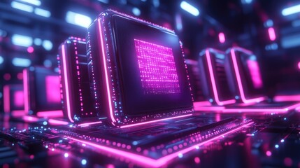 Obraz premium Neon-lit CPU processors in a futuristic server room