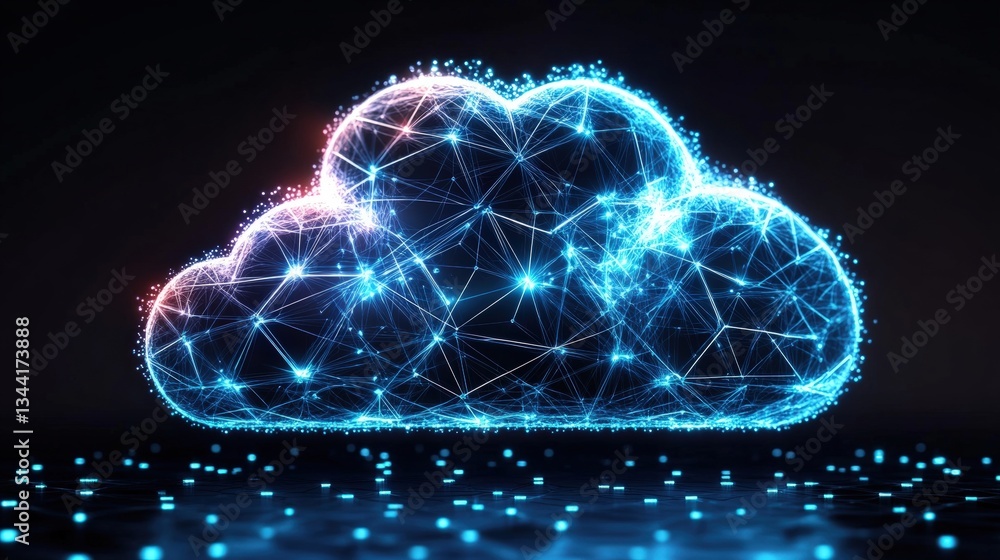 Aufkleber Glowing Cloud Network Symbolizing Cloud Computing and Data Connectivity with Interconnected Nodes and Lines on a Dark Background in Digital Style