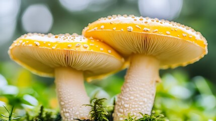 Two bright yellow mushrooms are growing in a mossy green forest