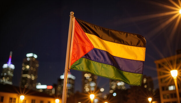Pride flag waving against a city skyline at night