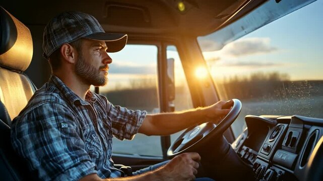 Focused Journey: A truck driver in a cap navigates the open road at sunset, emphasizing dedication, hard work, and the spirit of exploration. 