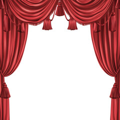 An elegant red theater curtain with tassels and drapery, creating a classic and luxurious stage appearance.