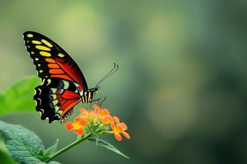 Obraz premium A Colorful Butterfly Resting Gently On Small Orange Flower Blossoms
