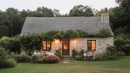 Charming Stone Cottage with Thatched Roof at Dusk