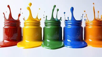 Colorful paint splashes from jars on white background