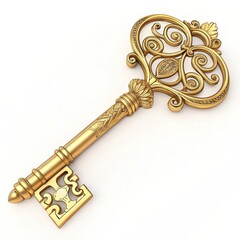 Ornate golden key with intricate design on a white background