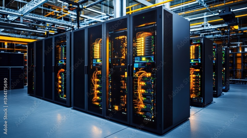 Poster rows of illuminated dark server racks in a modern data center with vibrant orange lights creating a 